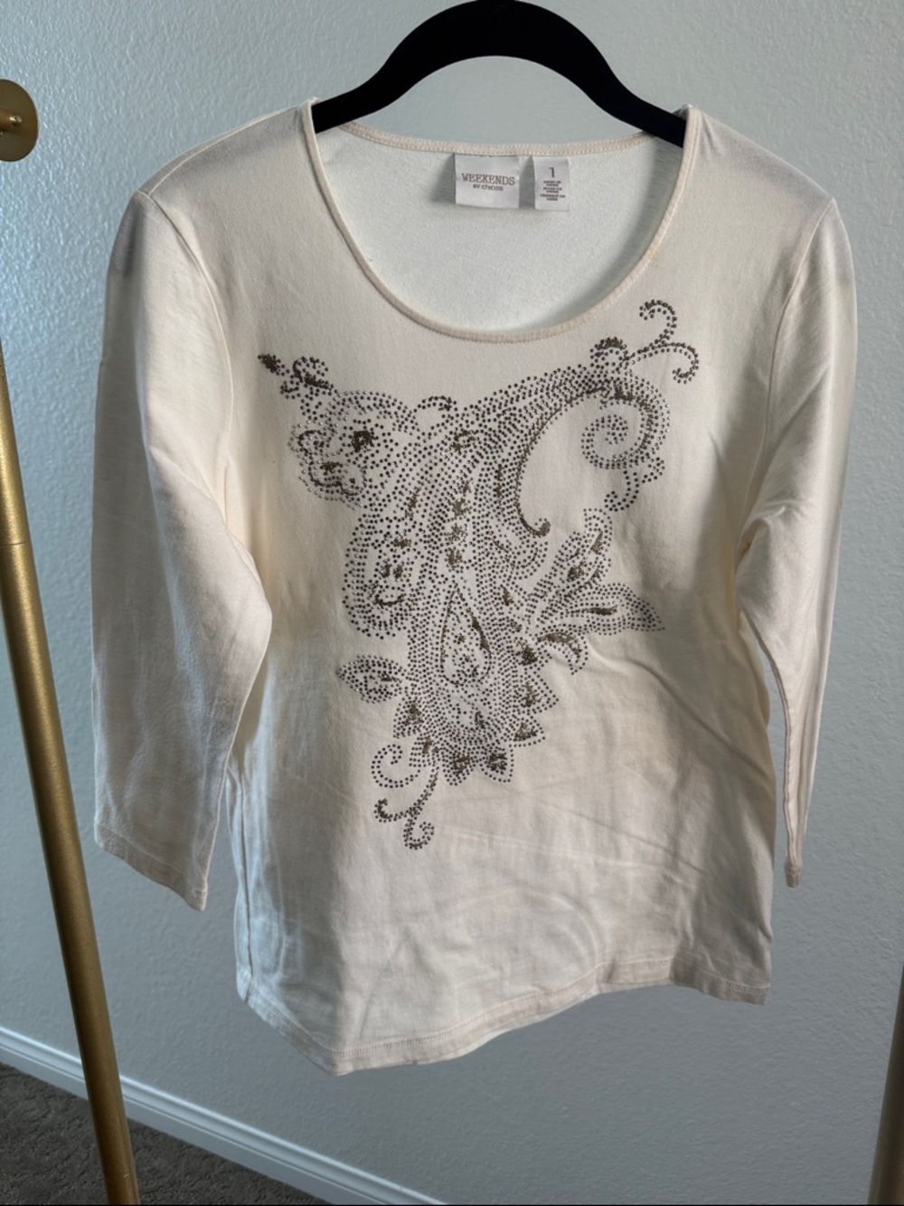 Chico’s Cream Embellished Scoop Neck Top